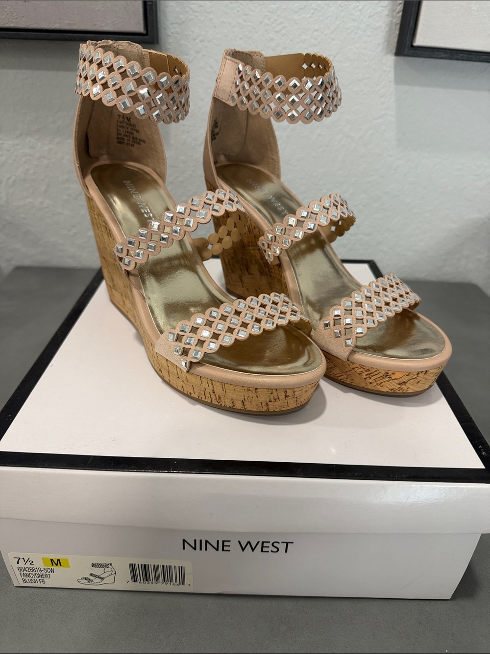 Nine West Blush Nude Cork Wedge Sandals with Rhinestone Lattice Straps